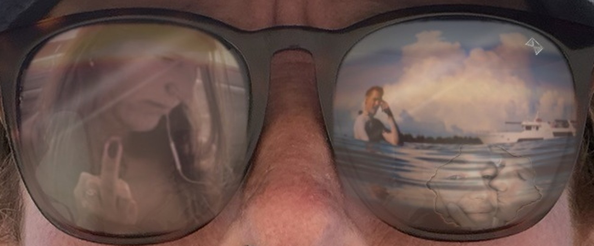Close-up of 720M's sunglasses and what they reflect