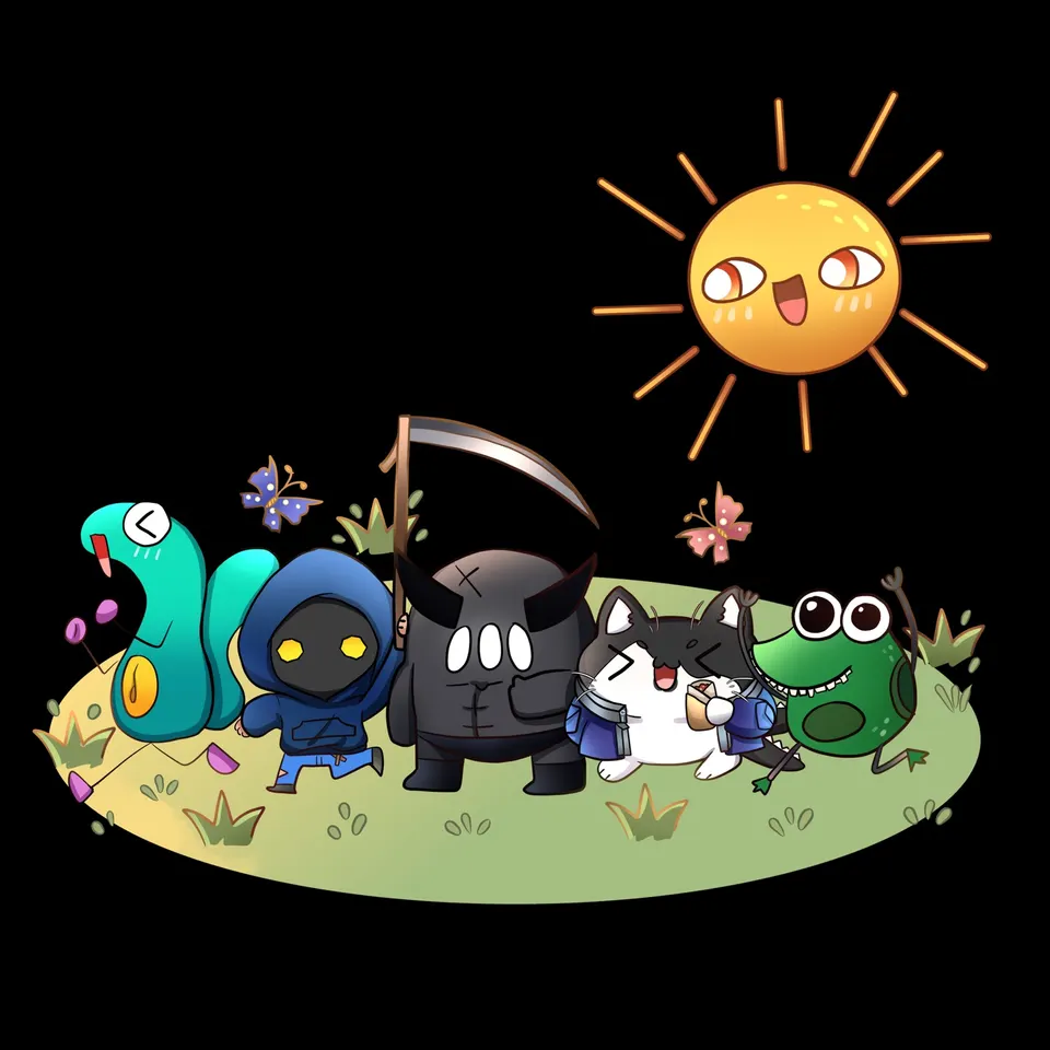 Chibi character group: a teal snake, a hooded figure, a horned reaper, a cat and a frog under a smiling sun, on black