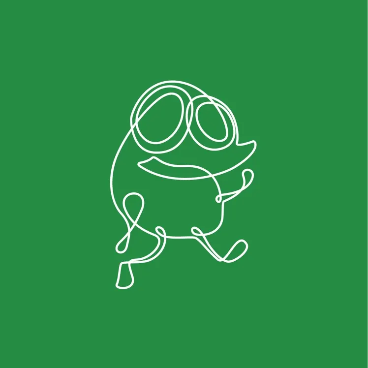 Baylingual single-line frog mark, white on green